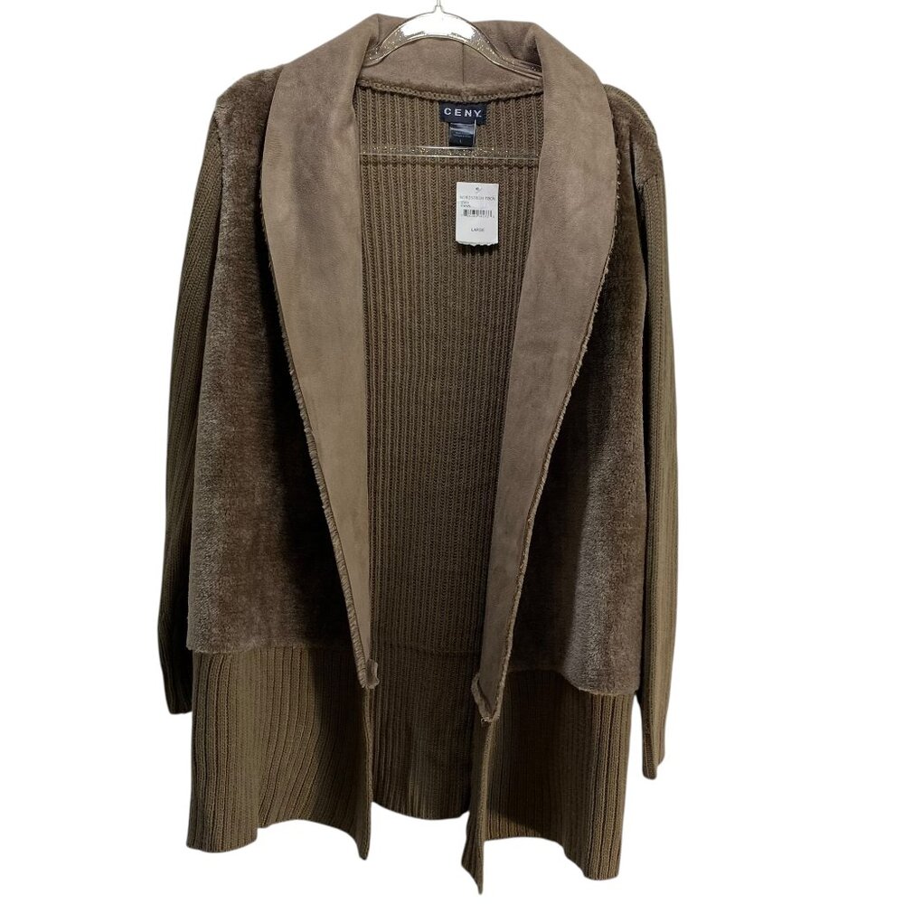 Ceny Nordstrom Long Faux Suede Cardigan Duster Sweater Womens L New Camel Ribbed